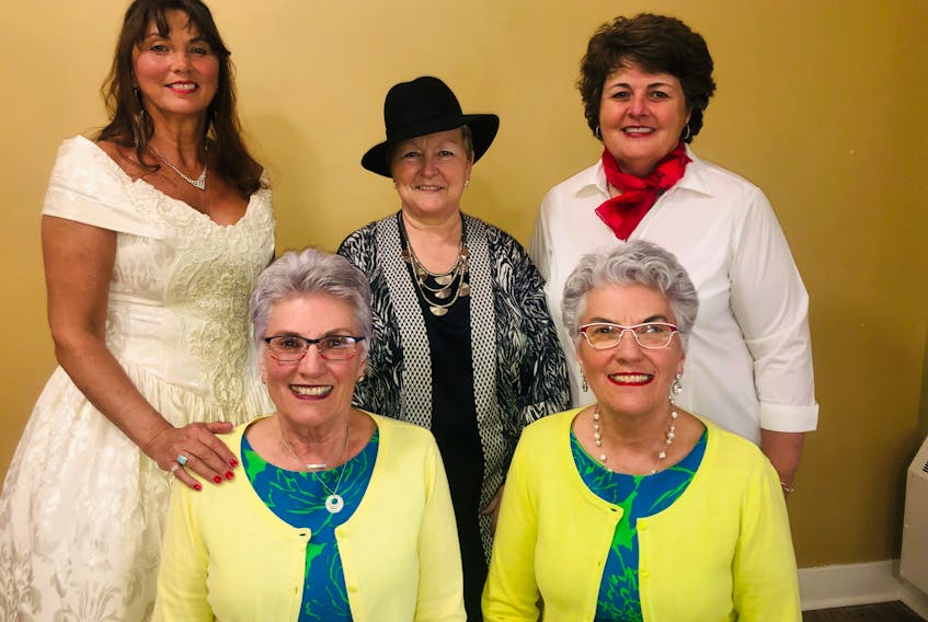 Jolee Patkai, back left, Colleen MacPhee and Jacinta MacDonald along with Joan Reeves, front left, and Judy McGregor pay tribute to their favourite female country artist at Winsloe United Church on Monday, July 8.