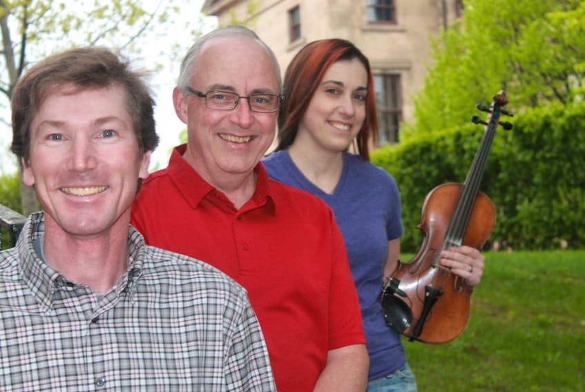 Eddy Quinn, left, John B. Webster and Keelin Wedge of Fiddlers' Sons will play St. Andrew's Chapel this Sunday. The chapel is located just east of Mount Stewart on Route 2.