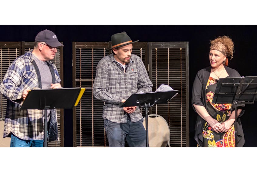 Charlottetown actors Stephen Bouey, left, Noah Nazim and Yvette Doucette read Malcolm Murray’s play, “Chop Wood, Carry Water” at Carrefour Theatre, during the P.E.I. Community Theatre Festival last month. Missing from the photo is Murray who was the narrator. - Philip Matusiewicz/Special to The Guardian