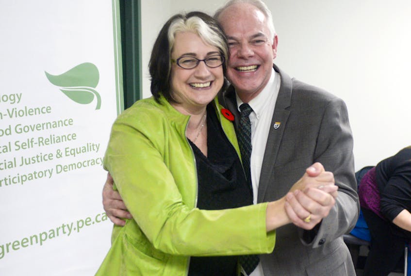 Green party candidate Hannah Bell, left, and party leader Peter Bevan-Baker celebrate after Bell was chosen as the District 11 byelection candidate during the party’s first-ever contested nomination meeting at Murphy’s Community Centre Monday night. MITCH MACDONALD/THE GUARDIAN