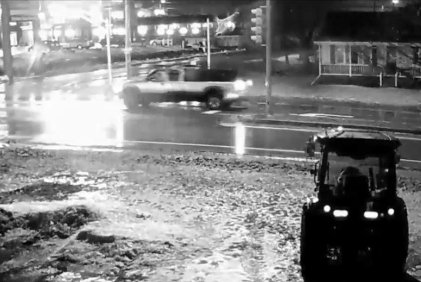 This screenshot of a video released by Charlottetown Police Services shows the pickup truck allegedly involved in the theft of a dump trailer from Good Equipment at 73 Capital Dr.