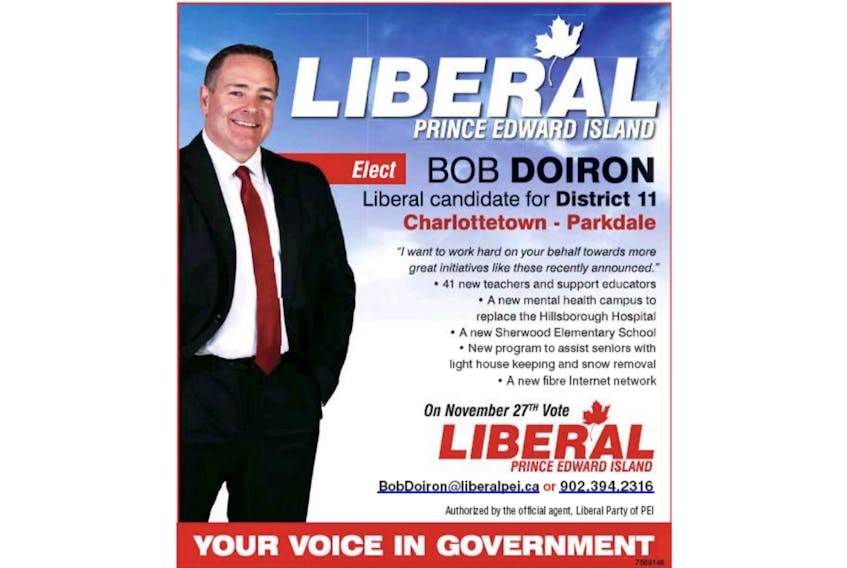 This campaign ad for Liberal candidate Bob Doiron appeared in the Saturday, Nov. 18 edition of The Guardian.