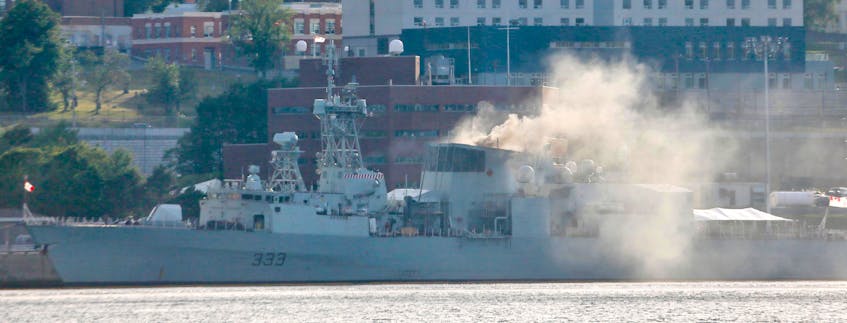 This photo shows HMCS Toronto on fire Wednesday evening at HMC Dockyard in Halifax.