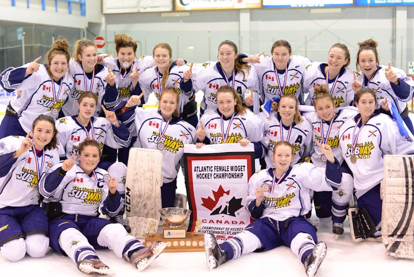 The Atlantic midget AAA champion Northern Subway Selects. Front, from left, Kara MacLean, Sophia Wornell and Ashley Livingstone; middle row, Mariah Linehan, Lily Currie, Jenna Reid, Camryn Halliday, Eva Wornell and Jenna Landry. Third row, Cassie Clarke, Lindsey Smith, Ella Maclean, Taylor MacKenzie, Madelyn Quinn, KJ Emery, Jensen Arsenault and Heath Miller.