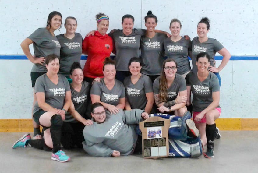 The Medicine Shoppe took home the Truro and Area Women’s Ball Hockey League championship after a 1-0 shootout victory over the Blaikies Charger Chicks in the final. Members of the team are, front, Katie Henderson; first row, from left, Coralee Miller, Ashley Clarke, Cyndi Daley, Alicia MacDonald, Angelic Nicholson and Jill Sears; second row, Bailee Oderkirk, Rhiannon Roy, Sarah Dennis, Marie Harrison, Brandi Oderkirk, Katelyn Armstrong and Stacey Legere. Missing are Margaret Sadler, Amy Jordan, Marilyn Bruce, Mackenzie Daley and Melissa Dawson.