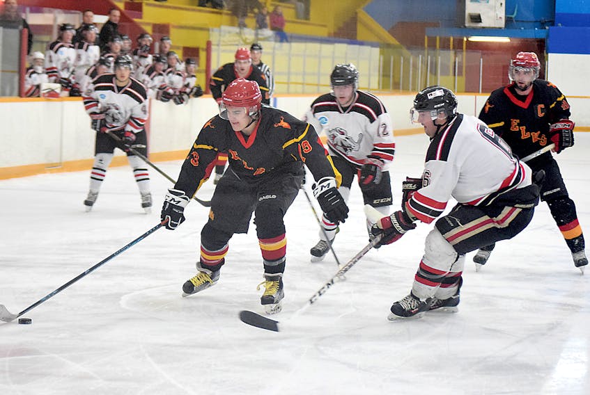 Jordan Sollows of the Elks carries the puck inside the Colts zone during second-period NSJHL action on Thursday.  
Joey Smith/Truro Daily News