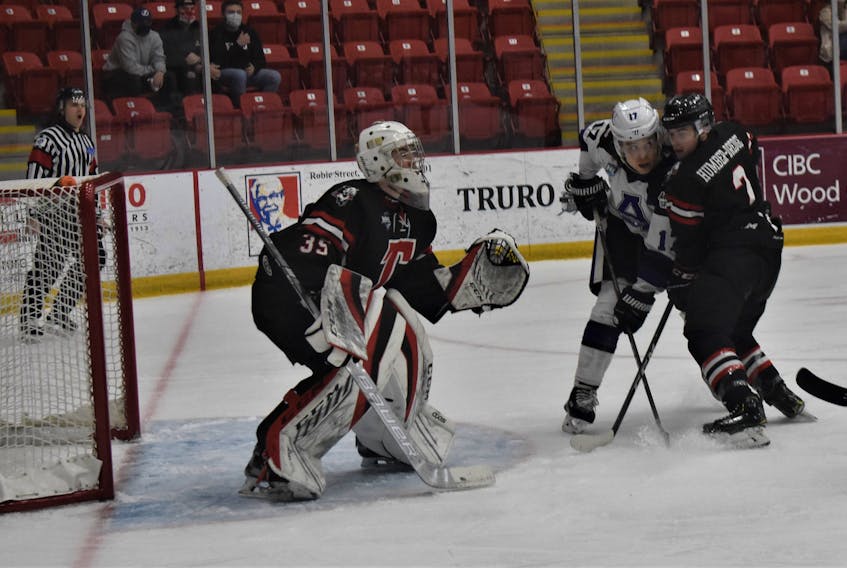 : Truro native Alec MacDonald has been backstopping his hometown Bearcats to recent success, which has started for the goal-out.