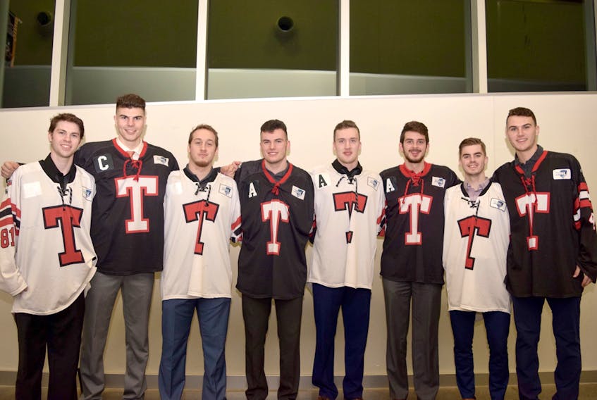 Eight Bearcats players were presented with their jerseys at a banquet last night as they wrapped up their final season with the Bearcats and the Junior Hockey League. Graduating players include, from left, Cameron MacLeod, Campbell Pickard, Dan Little, Mark O’Shaughnessy, Tyler yike, Riley Baggs, Alex MacDonald and Kevin Resop.