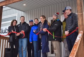 Wentworth Ski Race Club’s president Karen Dwyer cuts the ribbon on their new clubhouse on Jan. 5. From left: Madeline and Chris Myers from West Fish, Bill Jones from Maple Leaf Homes, Leslie Wilson, Karen Dwyer, past president Dean Steinburg, Ski Nova Scotia President Brian Carter and RBC’s Bruce Young.