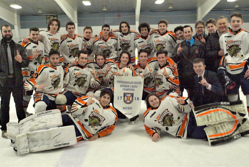 The CEC Cougars have secured a spot in the provincial high school hockey championship, after sweeping a best-of-three series against North Nov, to earn the Northumberland region title. Members of the Cougars are, front row, from left, Adam Nisar and Steven Jackson; second row, Kyle Stuart, Aiden Pitcher, Joe Fagioli, Connor Miller, Luke Smith, Weston Porter and Calum MacLeod; third row, Andre Robichaud (co-coach), Jeremy O'Connell, Ryan Rath, Hayden Roy, Keegan Grady, Brody Schmitt, Jackson Haight, Brayden Gray, Cameron Degroot, Cody MacDonald, co-coaches Tom Whidden and Jeff Hazelton, Matt Melanson, Vince MacCormack (co-coach) and Rylan McIntyre. Missing is Cody Patriquin.