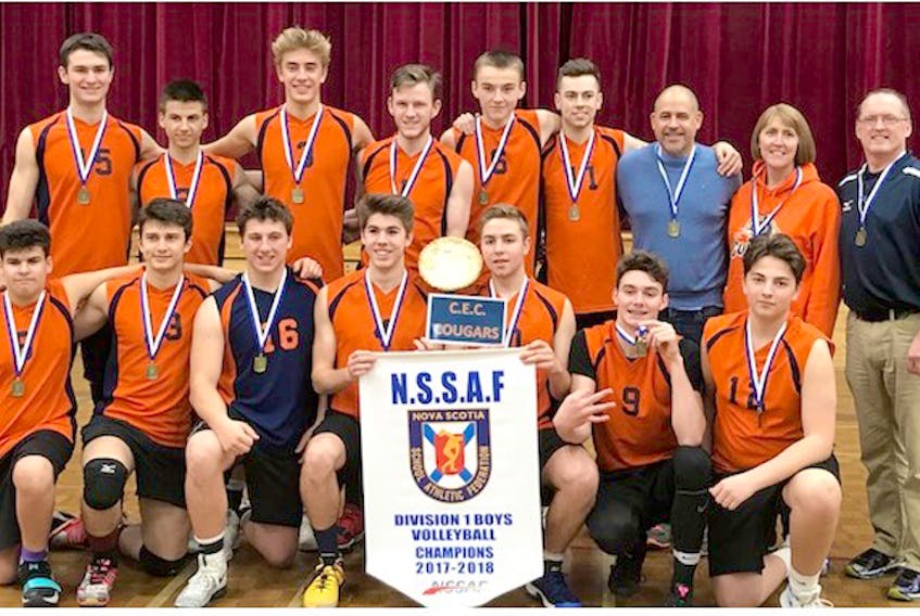 The CEC Cougars claimed the 2017 NSSAF Division 1 boys’ volleyball crown on the weekend. Front row, from left, Nikolai Foerster, Eren Ayan, Michael Adams, Dean Berry, Ryan McEachren, Sean Gallie and Jacob MacGregor. Second row, Thomas Vickers, Austin Atkinson, Dean Sangster, David Sandeson, Theron Forbes, Isaac MacNaughton, Coaches G. Foerster, T, Pynn-Crowe, and H. MacEachern. Absent were Sam Lilly and Adam McEachren.  Submitted photo