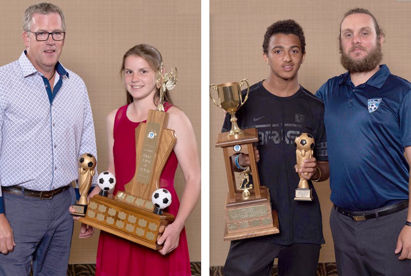 LEFT: Bailey Lynds of the U17 girls was named the association’s female player of the year. Presenting Bailey with her award is Mark Hingley, vice-president of operations for the CC Riders Soccer Club. RIGHT: DeAndre Paris was named male player of the year. Chris Lindsay, Riders club director of coach and player development, presented DeAndre with his award.