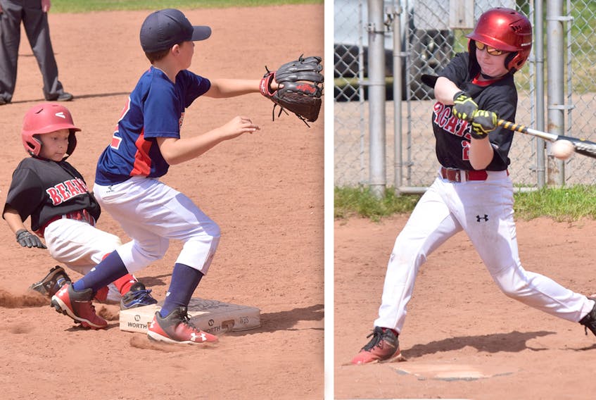 Chris deCoste, left, of the Home Hardware Truro Bearcats, slides into the bag safely, while teammate Keegan Maguire gets ahold of this pitch during U11 baseball action this summer against the Sydney Sooners. The Bearcats will compete in the Nova Scotia championship this weekend at Hants North.