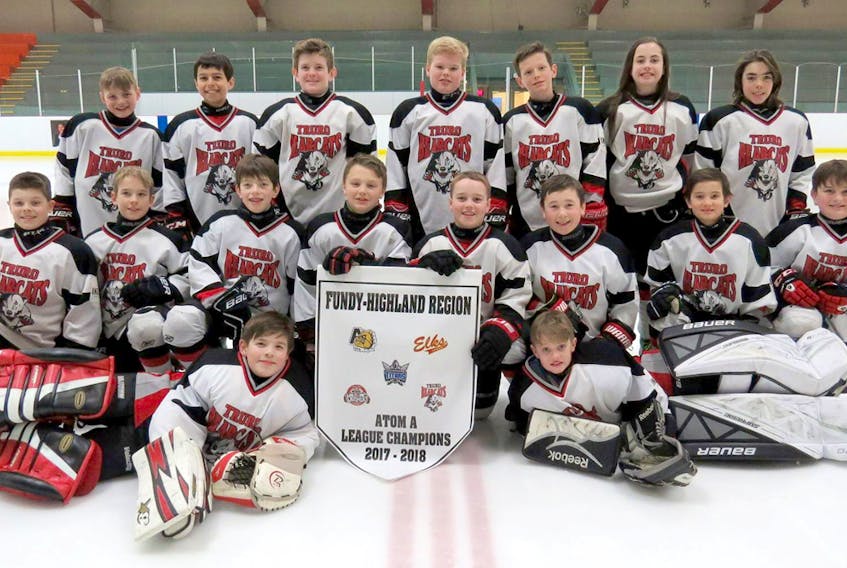 The Truro Inglis Jewellers Bearcats atom A team captured the Fundy Highland league crown after rolling through the league playoff tournament with a 5-0 record. Members of the team are, front row, from left, Camden Fraser and Matthew MacKenzie; second row, Austin Brown, Gavin Stevenson, Logan Decker, Tom Frizzell, Keenan Cream, Mason Sampson, Jaden Duncan, and Bailey Chase-Merner; third row, Ethan Wolfe, Ryan Vohra, Spencer Carlisle, Ben Poehl, Brodie Ellis, Erica Dennis and Malky Murphy.