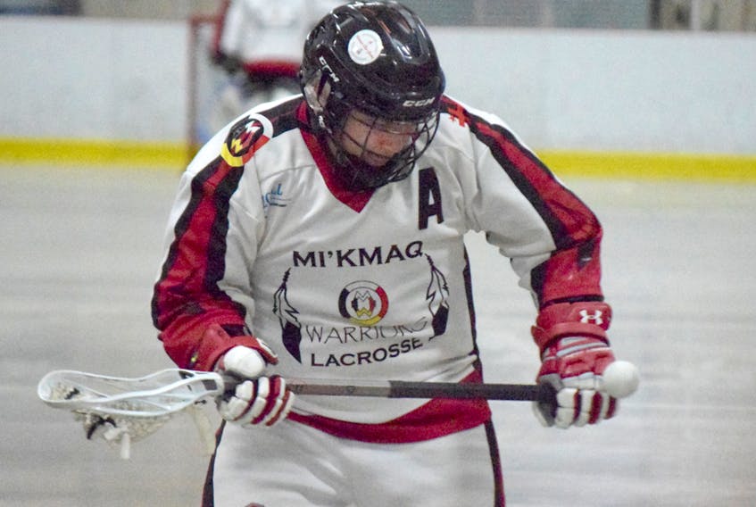 Bryson Knockwood of the Mi’kmaq Warriors controls the ball during weekend action in the East Coast Junior Lacrosse League. Knockwood racked up 13 points in two games, including two goals and six assists in a 12-10 victory over the New Brunswick Mavericks on Sunday.