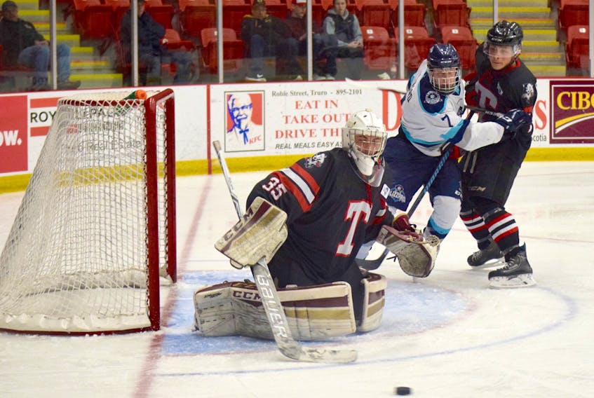 Truro Bearcats goaltender Alec MacDonald turns aside a shot during MHL action on Wednesday.
