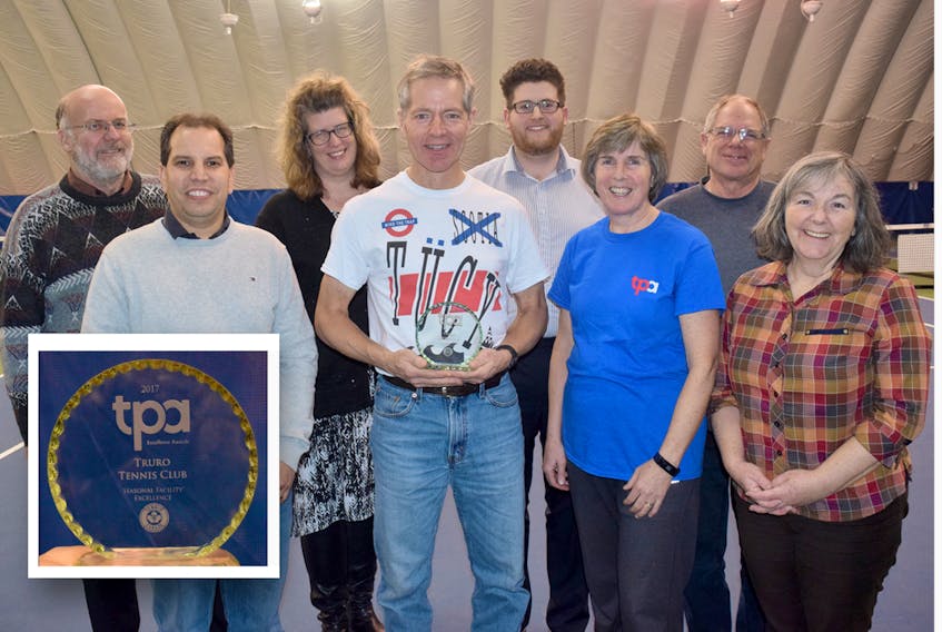 The Truro Tennis Club was the recipient of a national award from the Tennis Professionals Association and Tennis Canada. Members of the TTC executive are, front row, from left, Carlos Gonzalez, Don Cameron, Shelley Flemming and Miriam Kaiser; second row, Glenn Ross, Leah Rosenmeier, Jeff Mantin and Doug Edwards.