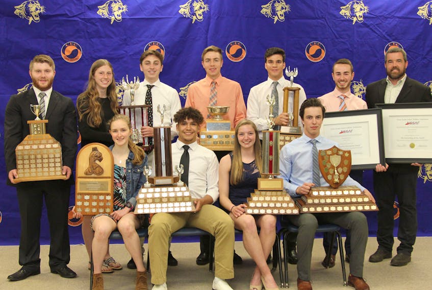Cobequid Educational Centre honoured its top students-athletes this week at the school’s athletic awards banquet. Major award winners include, front row, from left, Kathryn MacQuarrie (Omnia Award), Riley Gabriel (Male Athlete of the Year), Erin McCavour (Female Athlete of the Year) and Luke Smith (Blaikie-MacKinnon Award); second row, Noah Tremblay (Peter harris Award), Leah Adams (David Higgins Rising Star Award), Matthew Jones (David Higgins Rising Star Award), Ryan McEachren (Bob Piers Bowl), Taryn Gould (Unsung Hero Award), Connor Grant (Celebration of Sport, male) and Shawn Davison (Celebration of Sport, coach). Missing is Hannah Crouse (Celebration of Sport, female).