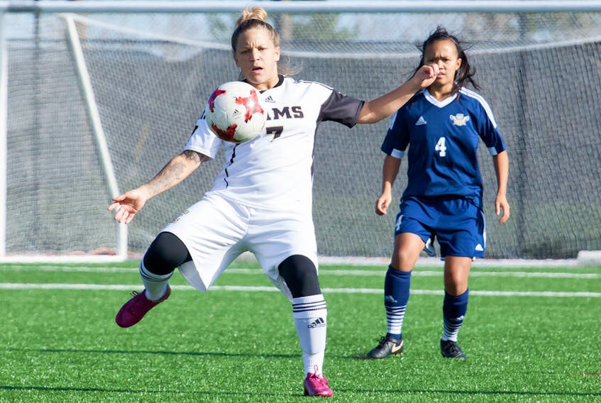 Shanice Maxwell of the Dal AC Rams controls the ball during action on Thursday at the CCAA women’s soccer championship against the NAIT Ooks of Alberta. Maxwell, a Truro native, was named a CCAA All-Canadian earlier this week during a pre-tournament ceremony in Halifax.