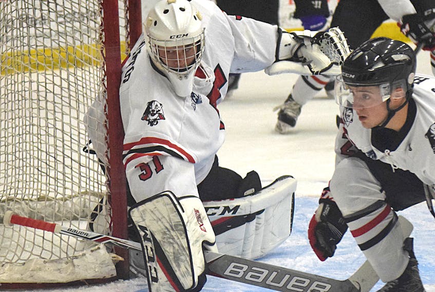 Truro netminder Myles Hektor, seen here in earlier season action, stymied the Amherst Ramblers Thursday stopping 48 of 49 shots as the Bearcats posted a 2-1 shootout win.