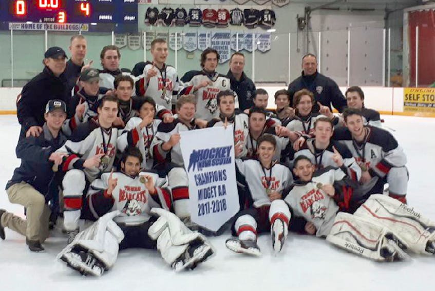 The Truro midget AA Bearcats captured the provincial title in Antigonish last weekend. The Bearcats posted an overall record of 3-1-1 and defeated the host Bulldogs 4-0 in the final. Members of the Bearcats are, first row, from left, Adam Nisar, Ryan Brule and Mitchell Cummer. Second row, Kurtlin Rushton, Brandon MacLeod, Randy Milliea, Avery Harrison, Blake Terry, Liam Atwater, Evan McNea, Zach Richards, Riley Masters and Jake Hiscock; third row, head coach Luciano Fagioli, Brandon George, Kaleb Johnstone, Kenzie Archibald,  and Tyson Ingraham; fourth row, assistant coach Kevin Dunlevy, Thomas Terfry, Noah Davis, Sam Roy, and assistant coaches Ken Dyas, and Jamie George.