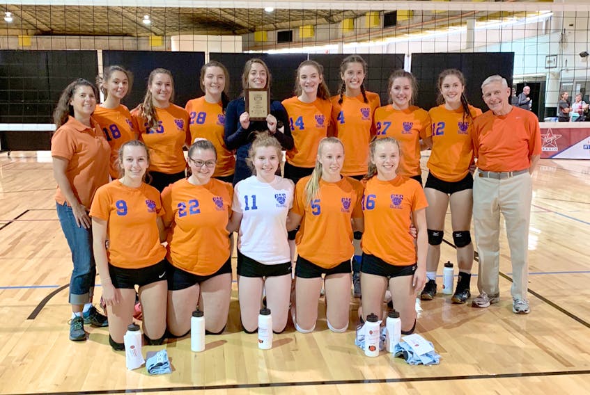 The Cobequid Cougars defeated the Citadel Phoenix in straight sets to win the Dalhousie University high school girls volleyball tournament last weekend. Members of the winning team are, front row, from left, Maddy Ball, Kennedy Wry, MacKay Kincaid-Webster, Mariah Putnam and Maddie Greatorex; second row, coach Suzanne Fougere, Hannah Faulkner, Alessandra Ledda, Emma Fortunato, Maddie MacGregor, Macailin Tanner, Emma Shive, Caitlin Whooten, Hannah Huntley and coach Bob Piers.