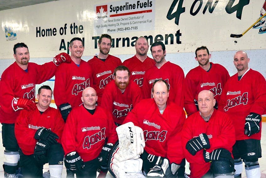 Kenny Roode’s Snow Plow Kings captured the D Diviison of the Superline Fuels 4-on-4 hockey tournament at Deuville’s Rink. The Snow Plow Kings downed Conway’s 5-1 in the championship game. Members of the Snow Plow Kings are, first row, from left, Colin MacDonald, Shannon MacCallum, Jason Chestnut, Robbie Rushton and Kenny Roode; second row, Mitch Bates, Danny King, Chris Williamson, Dillion Anderson, Andrew Blair, Kevin LeBlanc and Mike Rowe.