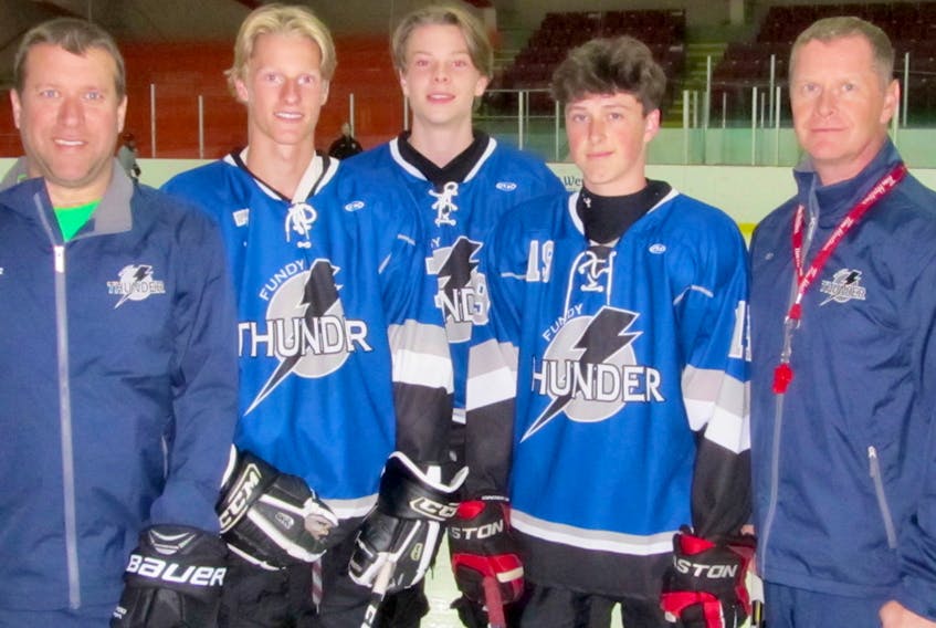 Members of the Fundy Thunder hockey team, from left, Jeff Oderkirk, Jake Stewart, Jake Bolger, Kyran Burton and Tim Macumber.