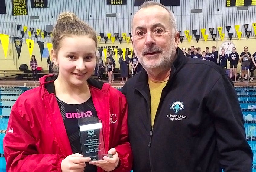 Madison Bond of the Truro Centurions enjoyed huge success at the recent David Fry senior provincial swimming championships in Halifax. Bond nabbed four gold medals and was the recipient of the highest point total award, which was presented by Fry's partner, Alex Young.