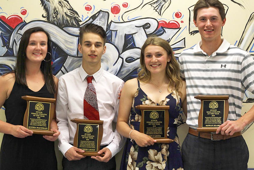 South Colchester Academy held its athletic awards night this week at the Brookfield school. Major award winners were, from left, Alysha MacSwain (senior female), Zachary Legge (junior male), Erin Carter (junior female) and Rowan Sears (senior male).