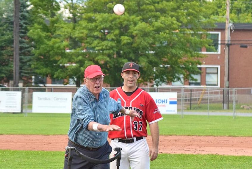 Eric McDade did a pretty good job tossing out the first pitch Friday night at the Nova Scotia Senior Baseball League game between the Truro Bearcats and Halifax Pelham Molson Canadians. It was a “bucket list” item, of sorts, for the 87-year-old resident of Parkland Retirement Living. Accompanying him to the mound was the Bearcats’ Darson Murphy.