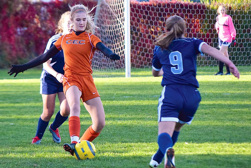 Lexie Sellers of the Cobequid Cougars controls the ball during her team’s Northumberland region high school girls’ soccer match against the North Nova Gryphons on Thursday. The Cougars rolled to a 7-0 victory to finish the regular season with an undefeated record. 
Joey Smith/Truro Daily News