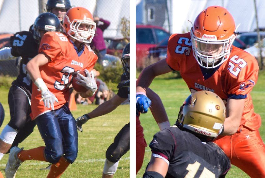 Running back Andrew Floyd, left, and quarterback Matt Shannon, seen here in action during regular season play, figured prominently in the CEC Cougars’ playoff victory against Auburn Eagles Sunday. Next up is a date with Citadel Phoenix this Sunday.