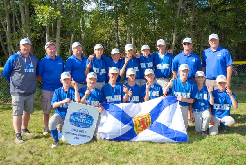 The Great Village Tide rolled to a 5-0 record to win gold at the Nova Scotia U15 bantam A Tier 3 championship. Members of the Tide are, front row, from left, Brandon Forbes, Colby Spencer, Brayden Schmitt, Keegan Macumber, Bryan Spence, Aiden Hennigar, Cameron Myatt and Damian Howell. Second row, Derrick Lockhart (assistant coach), Paul Spence (assistant coach), Alex Peters (assistant coach), Tim Porter, Evan Hennigar, Michael Peters, Kohl Lockhart, Zachary Dykstra, Tim Macumber (assistant coach) and Mike Spencer (head coach). Missing is Elijah Stewart.