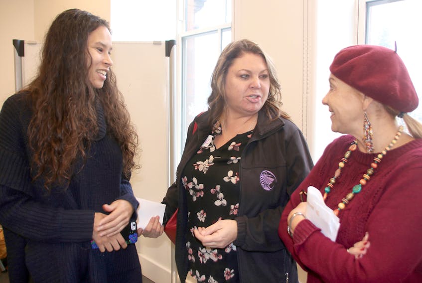 A roundtable was held in Truro this week to focus on feminist issues. From left, El Jones, professor, activist and poet; Cheryl Maloney, former president of Nova Scotia Native Women’s Association; and Truro-Bible Hill-Millbrook-Salmon River MLA Lenore Zann chat during a break at the event. Lynn Curwin/Truro Daily News