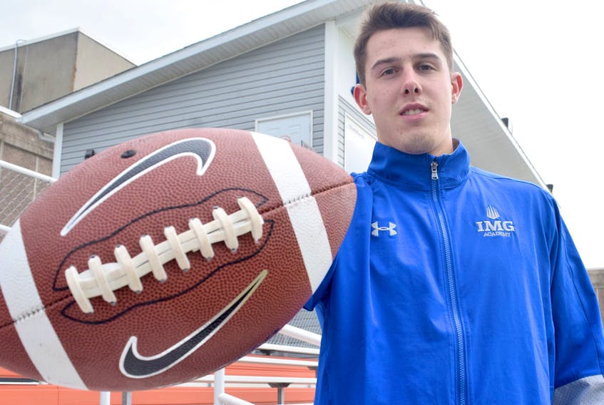 Kamryn Matheson, shown here at CEC’s James Macpherson Stadium, will return to IMG Academy prep school in Bradenton, Fla., later this summer for his senior year. Matheson, a defensive back for the school’s football team, hopes to pursue a college career in the NCAA.