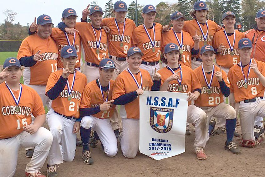 The Cobequid Cougars won their first Nova Scotia School Athletic Federation baseball title during the weekened in Halifax. Members of the championship team are, first row, from left, Micheal Jollimore, Luke Creelman, Luke Smith, Mackie Marquis, Dawson Briggs, Connor Angers and Connor Irwin. Second row, coach Scott MacGillivray, Darcey Pratt, Lucas Watson, Baillie MacKinnon, Quinn Cashen, Will MacGillivray, Jackson Haight, Chad Mingo, coach JP Wood.
Submitted