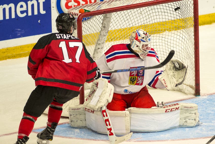 Team Canada’s Brett Stapley goes to the top corner of the Czech Republic net during a World Junior A Hockey Challenge semifinal game in Truro on Thursday. Canada won 5-1 and will play for gold on Saturday against the United States. Mark Goudge/SaltWire Network