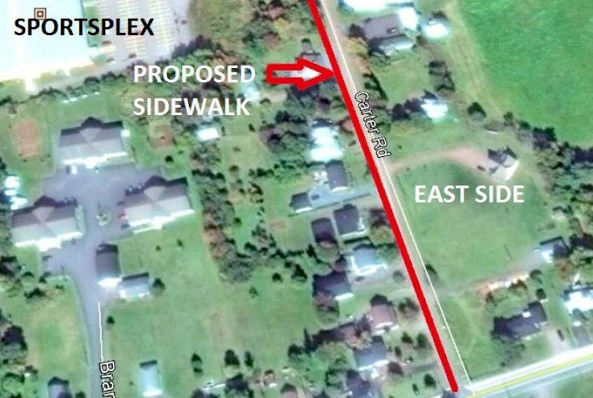 The red line in the areial shot above indicates the preferred location for a sidewalk on Carter Road, in Brookfield, as recommended in a Colchester County staff report. An open house is planned for next Wednesday evening at the Brookfield fire hall on the issue.