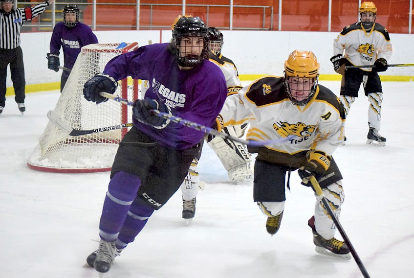 Jackson Haight, left, of the CEC Cougars chases the puck against Duncan Smith of the Hants East Tigers on Thursday during the We Care About Cancer high school hockey contest the stadium. The game, won 5-2 by the Cougars, raised $1,920.