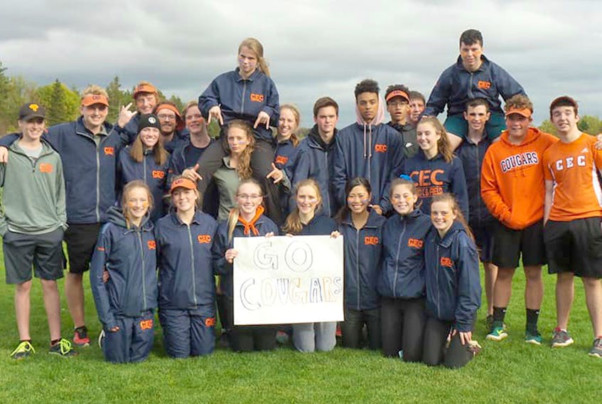 The Cobequid Cougars cross-country team enjoyed success this season and is now gearing up for the NSSAF provincial championship next week in Halifax. Some member of the team are, kneeling, form left, Katie Archibald, Kathleen O'Connor, Melanie Scott, Kathryn MacQuarrie, Akari Shinada, Abbie Langille and Tiffany Jones; standing, Cole Armstrong, Peter Vandermeulen (captain), Sidney Kharma, Kevin Farrell, Keifer Labelle, Mira Alexander, Tara Cashen (captain), Gaelan MacKay, Tesean Clyke, Hunter Kerr-Edwards, Emma Jones, Alex McDonah, Brett Deuville, Hayden Harlow; back row, Alex Robben, Emma Hayman, David McCurdy and Mark Carroll. Missing from photo Jordyn McNutt, Erin Shala, and Cameryn Mattie.
Submitted