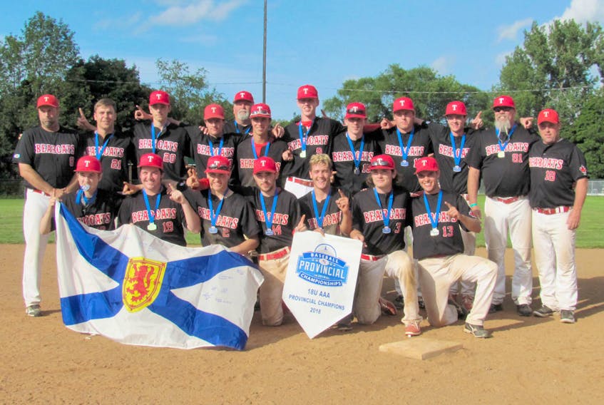 Make it back-to-back provincial titles for the Truro Bearcats 18U baseball team. The Bearcats posted a 5-0 record and defeated the Kentville Wildcats 5-3 in the gold medal game. Members of the Bearcats are, front row, from left, Zack Betts, Mackie Marquis, Nate Stone, Connor Angers, Mats Stone, Dawson Briggs and Lucas Watson; second row, head coach Greg Marquis, Parker Spencer, Tyler O'Leary, Kenzee Rushton, coach John Russell, Luke Smith, Connor Irwin, Tanner Greatorex, Chad Russell, Brady Rushton, assistant coach Curtis Briggs and assistant coach Dean Angers.