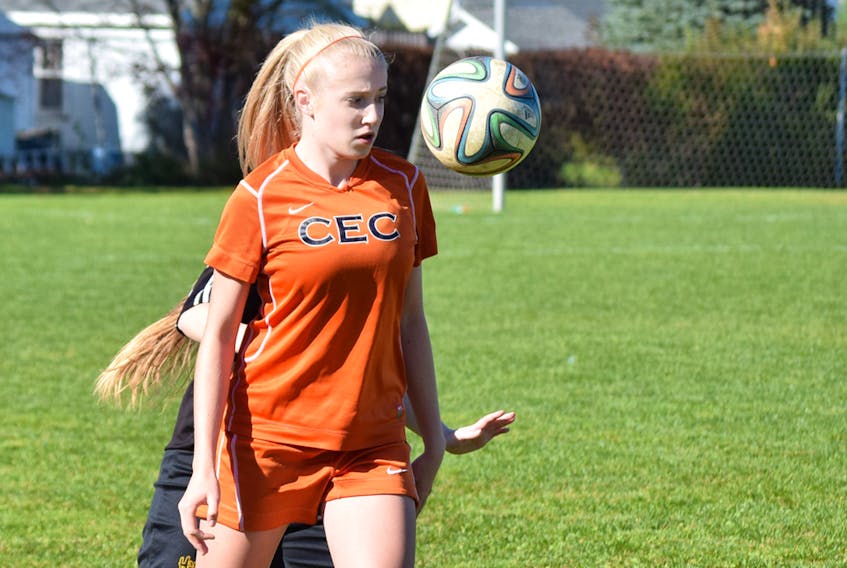 Sophie Shepherd of the Cobequid Cougars controls the ball during second-half action in an NSSAF Northumberland region soccer semifinal on Thursday against the Hants East Tigers. 
Joey Smith/Truro Daily News