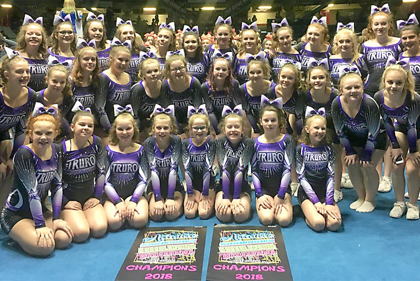 Truro Chill remained unbeaten this season with their third win in the Junior Level 2 Division at the Atlantic Showdown Cheerleading Championships in Saint John, N.B., on the weekend. Truro Twisters finished first in Senior 3 for their first victory. Members of the teams are, first row, from left, Jaylah Bragg, Savannah Hamilton, Lacey Walser, Kloey Newby, Ashlynn Wolfe, Marissa Bates, Emma Sinton and Jaslynn Conley. Second row, Avery Webb, Ellie MacCullum, Jenna Preeper, Kaleigh McPhee, Jessica MacFarlane, Courtney Dingle, Kadence Priest, Makayla Clark, Janna MacLean, Chloe Dean and Charley MacLellan. Third row, Shelby Thompson, Paige Christensen, Brylee Yorke, Meranda Bates, Brooke MacDonald, Lily McCabe, Becca MacIsaac, Hayley MacDonald, Peyton Richards, Gracen Webb, Lizzy MacQuarrie, Victoria Smith, Hannah Gonzales and Brooke Dash.