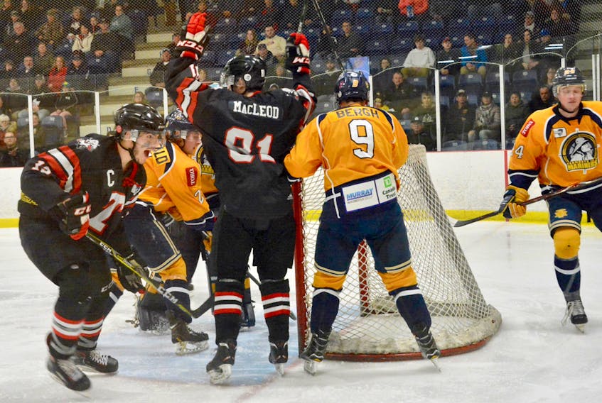 Campbell Pickard, left, of the Truro Bearcats scored the game’s first goal on Monday in his team’s 3-2 loss to the Yarmouth Mariners in Game 3 of an Eastlink South Division semifinal series.