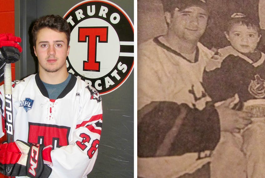 LEFT: Gavin Hart has scored several big goals during early-season play for the junior A Truro Bearcats. Three-year-old Gavin joins his father Dale in celebrating a championship at the Debert rink in early 2004.