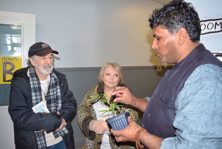 Russell Kerr and his wife Diane listen as cannabis expert Av Singh explains how best to grow a plant at the Seedy Saturday workshop in Truro.