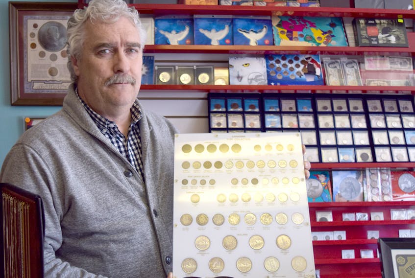 John MacRitchie holds a Canadian type set in his store Tallyman Gold & Coin in Truro. MacRitchie is chairman of the annual Central Nova Coin Club Annual Coin Show, which takes place at the Best Western Glengarry on April 28.