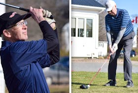 John Murray, left, and Bill Harvey played their first round of golf this season on Tuesday at Truro Golf Club.