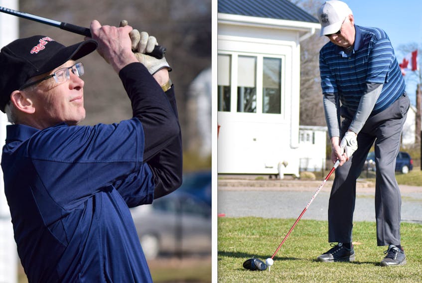 John Murray, left, and Bill Harvey played their first round of golf this season on Tuesday at Truro Golf Club.